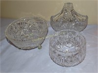 3 cut glass pieces: footed dish, small dish, 1