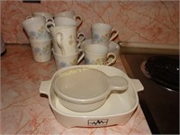 Corning mugs, saucers, grab & go, browning