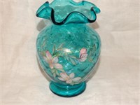 Fenton hand-painted turquoise vase 6 1/2"