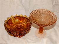 2 hobnail pieces amber 6 1/2"d, peach fluted edge