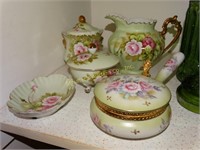 Lefton 7 pieces green & pink rose handpainted