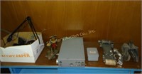 Misc lot: gauges, electrical box, shelving
