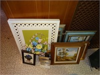 Assorted size pictures, paintings & embroidery