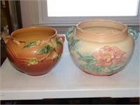 2 pottery pieces: roseville 8" & hull 9"(has a