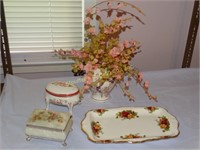 4 dresser items: rose gold trim tray (royal
