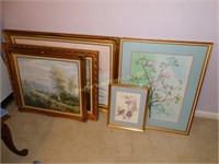 3 gold framed paintings, 1 gold framed birds, 1