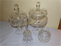 6 etched glass pieces: 2 candy dishes w/ lids,