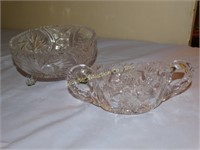 2 matching etched cut glass pieces: footed dish &
