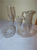 5 glassware pieces: etched pitcher, basket, bud