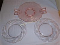 9" pink glass server & 2 glass plates