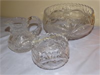 3 matching pieces etched glass: footed bowl,