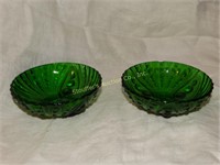 2-footed green glass bowls