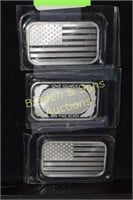 GROUP OF 3 ONE OZ SILVER BARS DEPICTING US