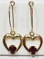 10K Ruby Heart Drop Earrings