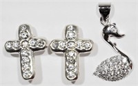 Sterling Silver Swan Pendant & Cross Earrings