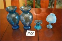 4 Piece Lot Blue Glass- 2 Vases, Liberty Bell, &