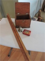 Old Wood Box, Rulers, Tin & bell