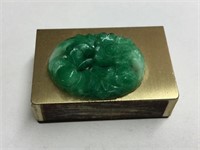 GOLD TONE MATCH BOX HOLDER W/ CARVED GREEN STONE