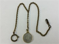 GOLD PLATED WATCH CHAIN WITH 1887 U.S. COIN PENDAN