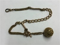 GOLD PLATED WATCH CHAIN WITH FILAGREE BALL PENDANT