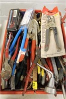 BOX LOT OF ASSORTED HAND TOOLS PLIERS, CUTTERS,