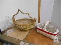 2 baskets 1 with candle holders, heavy glass