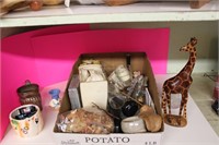 Box of variety of flower pots, wooden giraffe,