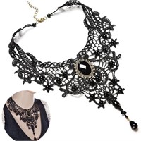 Vintage Black Flower Necklace Lace Beads Gothic