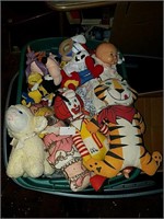 Rubbermaid tote full of plush toys including some