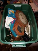 Box of assorted home decor including a clock