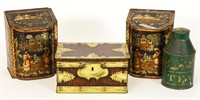 ANTIQUE TEA TINS IN CHINOISERIE AND OTHER MOTIFS