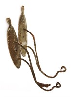 A PAIR OF VINTAGE WROUGHT IRON HANGERS