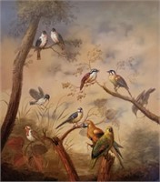 A 20TH C. OIL ON CANVAS LANDSCAPE WITH BIRDS