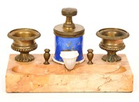AN ANTIQUE FRENCH INKWELL PEN STAND ON MARBLE