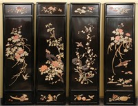 FOUR CHINESE PANELS WITH SEMI-PRECIOUS APPLIQUÉ