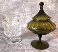 Lead Crystal Vase & Green Glass Pedestal Vase