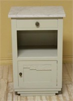 Art Deco Marble Top Painted Pine Side Cabinet.