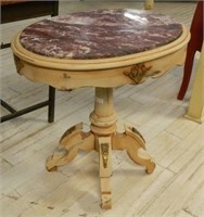 Oval Marble Top Painted Pedestal Occasional Table.