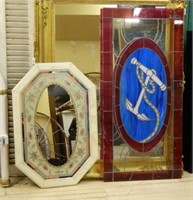 Framed Mirror and Faux Leaded Glass Panel.
