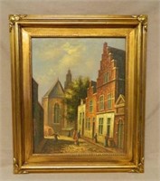 Village Streetscape Oil on Canvas, Signed.