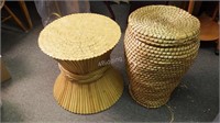 Round Glass Top Cane Table & Covered Rattan Basket