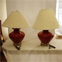 Pair of Chinese Red Ceramic & Brass Lamps