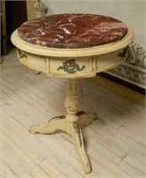 Ormolu Trimmed Marble Top Pedestal Side Table.
