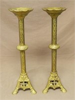 Gothic Revival Brass Altar Candlesticks.