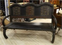 Wooden Bench with Metal Accented Trim.