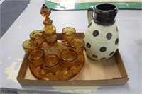 Decanter w/ 8 Glasses / Pottery Pitcher