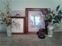 2 PICTURES AND 2 VASES W FLOWERS, ETC