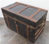 Antique Black Flat Top Trunk with Wood Tray & Key