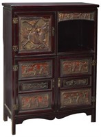 CHINESE CARVED WOOD CABINET WITH FIGURAL PANELS