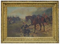 PAINTING, BRITISH SOLDIER CARING FOR HIS HORSE